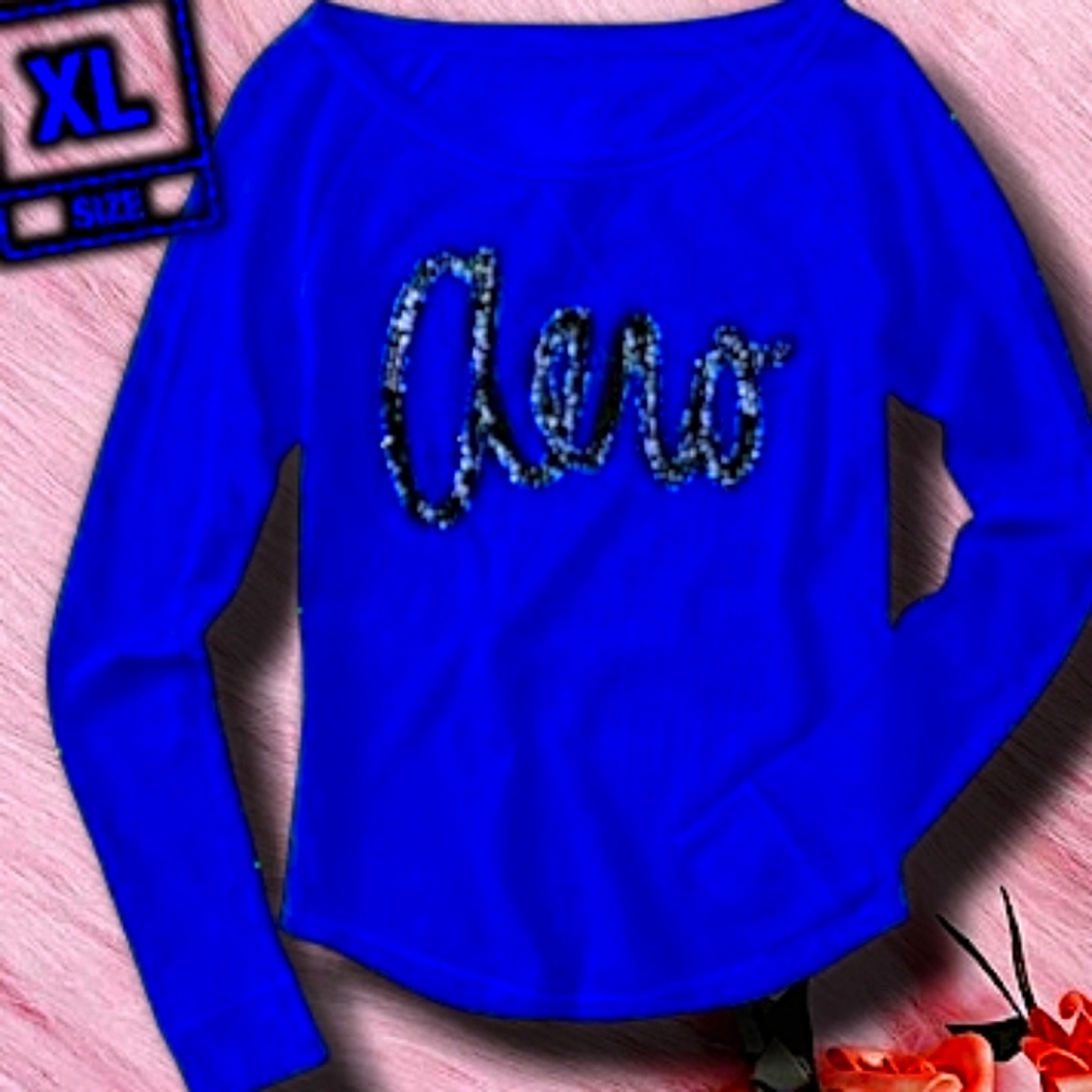 Aeropostale Henley Sweater w/ Aero Logo in Black Sequins in Royal Blue Size XL